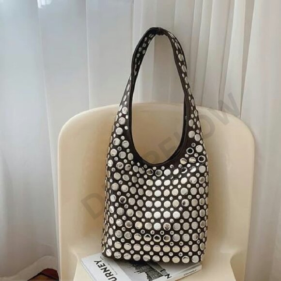 Studded Hobo Bag Y2K Punk Shoulder Purse Soft Leather Bucket Tote - Picture 7 of 8